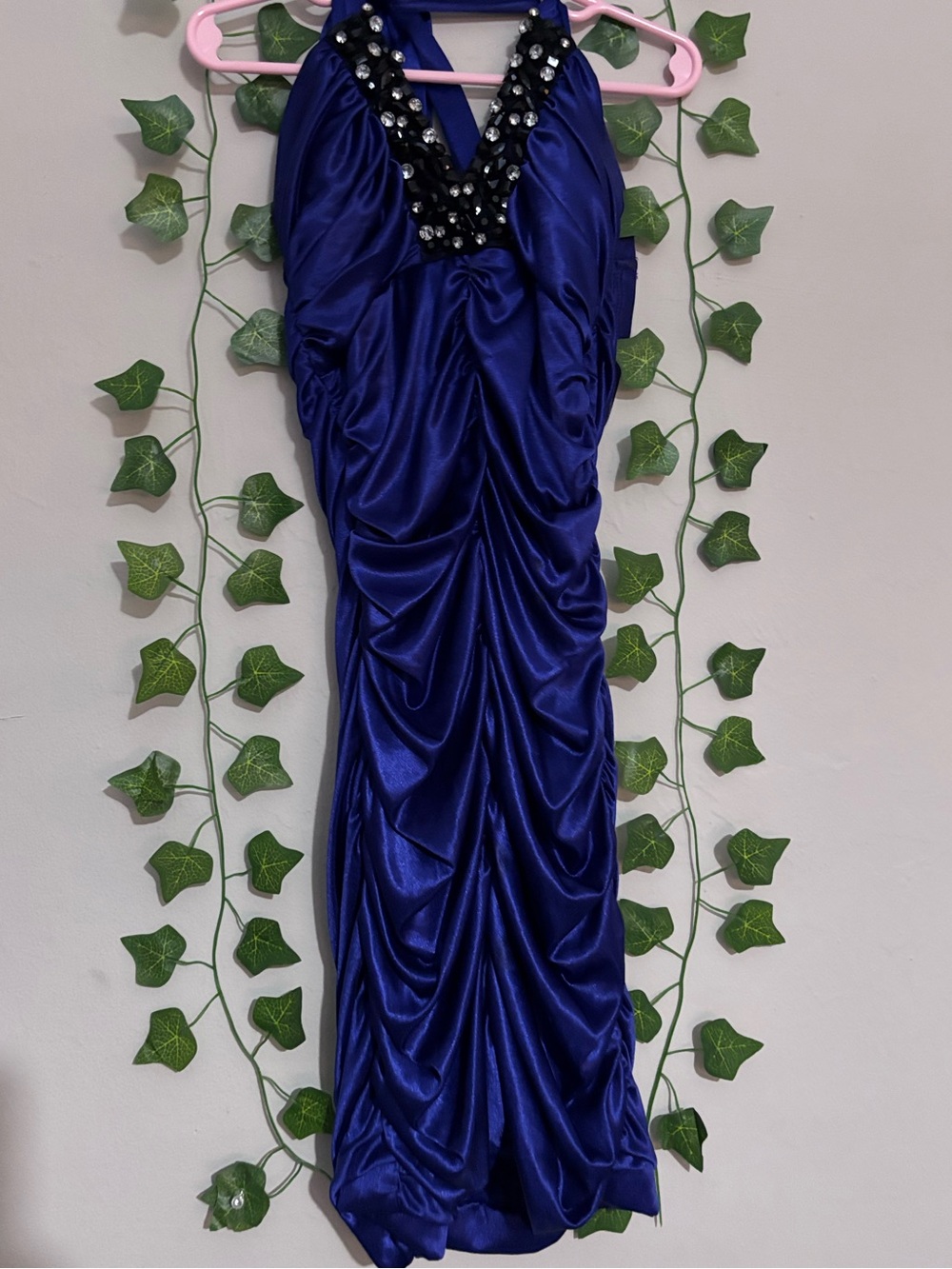 Jodi Kristopher Royal Blue Strapless Ruched Evening Dress with Beaded V-Neck